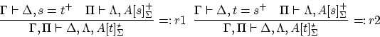 \begin{displaymath}
\infer[=\colon r1]{\Gamma, \Pi \vdash \Delta, \Lambda,
A[t]^...
... \vdash \Delta, t=s^+
&
\Pi \vdash \Lambda, A[s]^+_\Sigma
}
\end{displaymath}