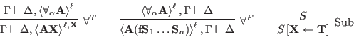 \begin{displaymath}
\infer[\allT]{\Gamma\seq\Delta, \ls{\HT{A}\HT{X}}{\ell,\HT{X...
...eq\Delta}
\qquad
\infer[\Sub]{S\subst{\HT{X}\goesto\HT{T}}}{S}
\end{displaymath}